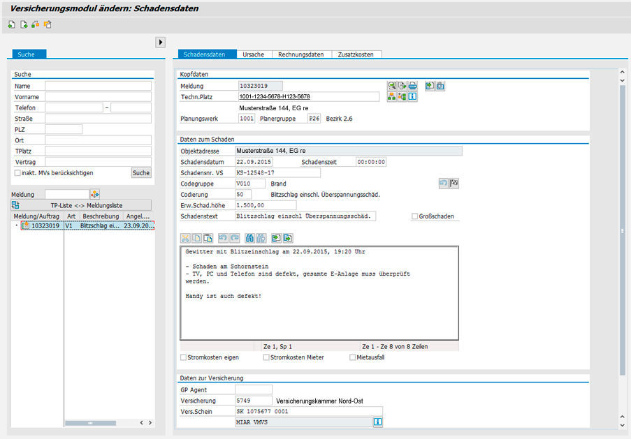 SAP Erfassungsmaske für Versicherungsschäden