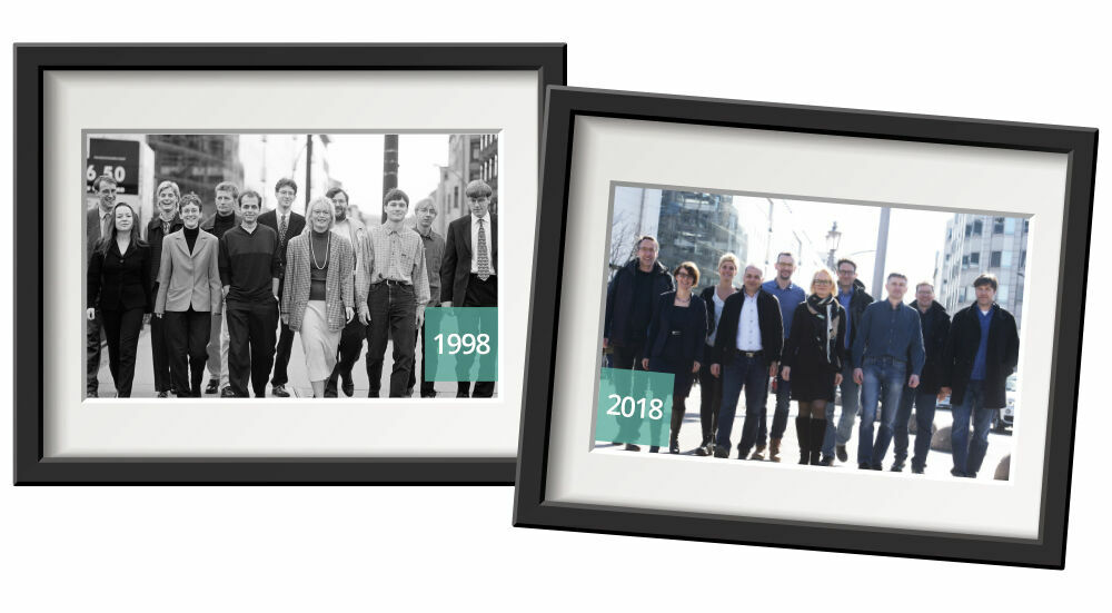 Erfolg und Wachstum bei PROMOS: Links das Gründerteam 1998, rechts das Team am selben Ort (Jannowitzbrücke in Berlin) im Jahr 2018.