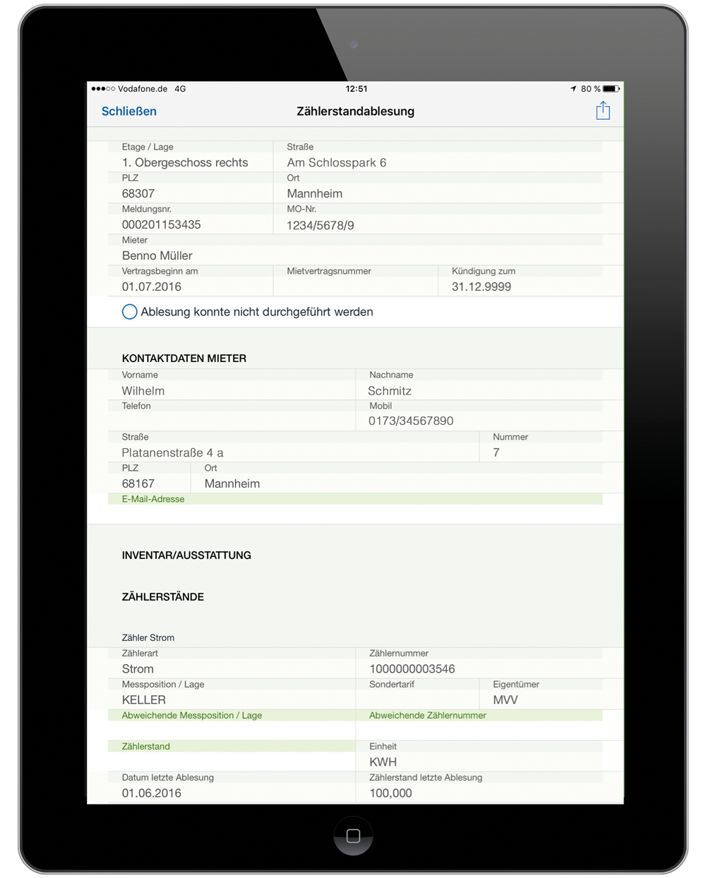 Abbildung 2: Erfassung des Zählerstandes in der easysquare mobile App. Zählerstandablesung in der easysquare mobile App auf dem iPad
