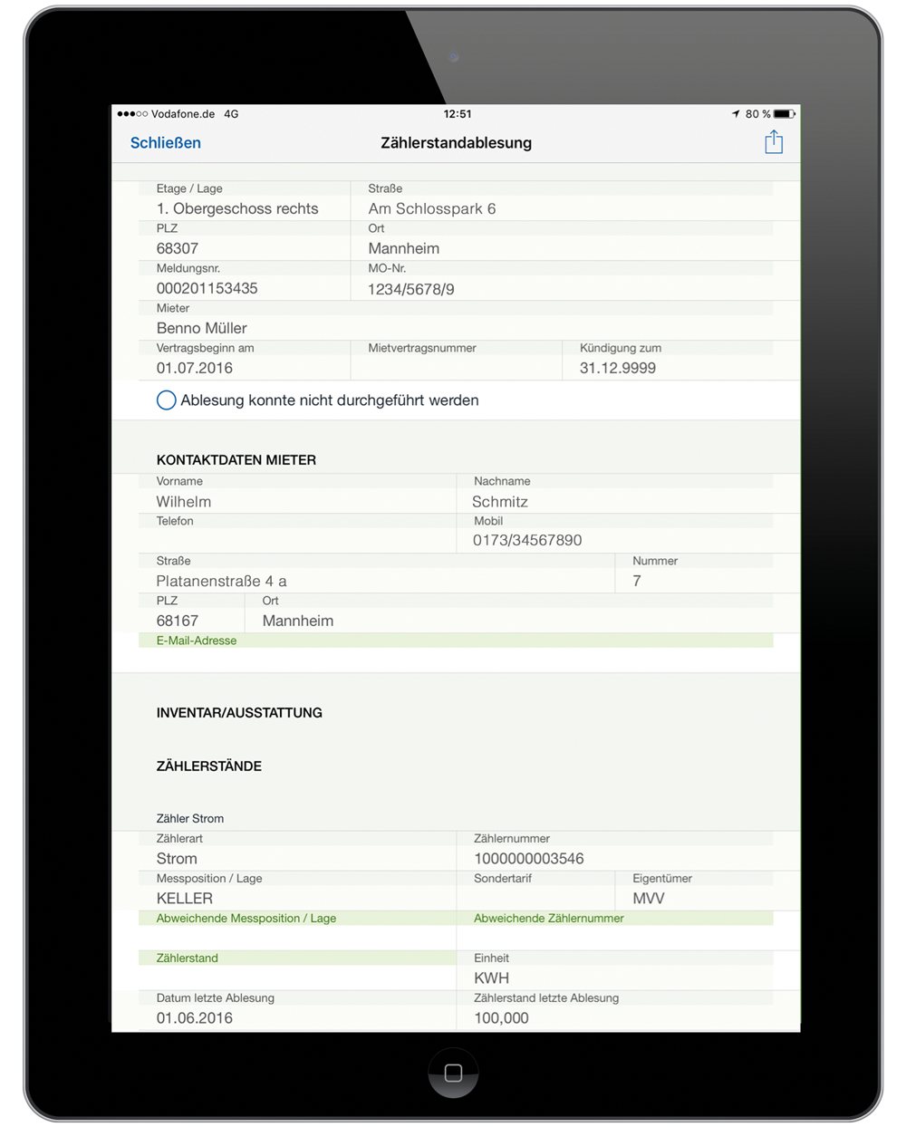 Zählerstandablesung in der easysquare mobile App auf dem iPad