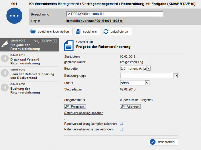 Freigabe der Ratenvereinbarung in easysquareworkflow