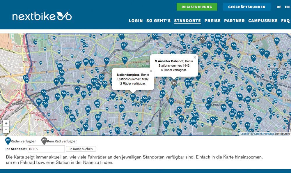 Abbildung 2: Nextbike, ein führender Anbieter für Bikesharing, präsentiert auf seiner interaktiven Karte die Standorte und Anzahl seiner Leihräder. Interaktive Karte zur Veranschaulichung der Standorte von Leihrädern
