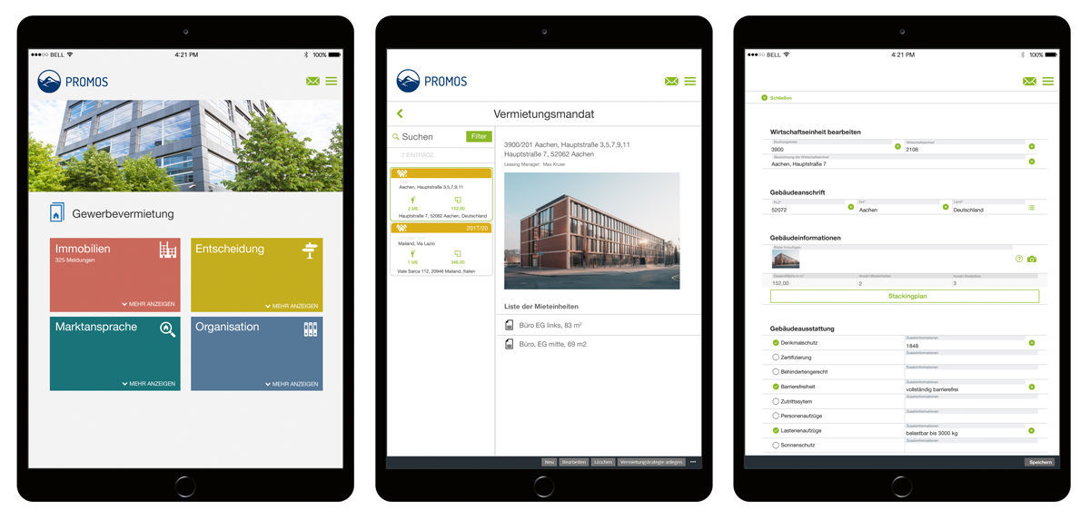 Abbildung 1: Direkter Zugriff – Die Startseite des Vermieters zeigt übersichtlich alle Dienste und Prozesse (links). Mithilfe des Vermietungsmandates können mehrere Mietflächen zu einem „Paket“ zusammengefasst werden (Mitte). Wirtschaftseinheit bearbeiten – Schnell und einfach können Daten zu Mietflächen eingegeben und ergänzt werden (rechts).  Vermietung von Gewerbeimmobilien mit den Apps von easysquare