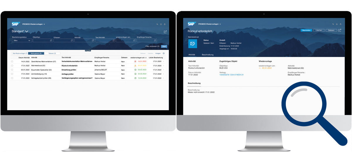 Abbildung 2: Diverse Filtermöglichkeiten für Ihre Wiedervorlagen können die Ansicht in der Ergebnisliste einschränken. Durch Auswahl einer Wiedervorlage lässt sich ad hoc in die Detailansicht zur weiteren Bearbeitung abspringen.  Darstellung aller Wiedervorlagen in der Ergebnisliste sowie im Detail