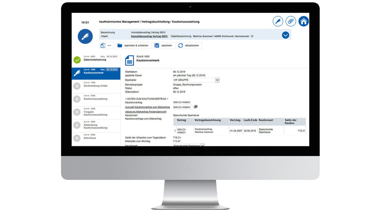 Der Bearbeiter sieht im Rahmen der Kautionsauflösung den entsprechenden Vertrag und Mieter sowie des tagesaktuellen Kautionssaldo. In easysquare workflow sieht der Anwender innerhalb der Kautionsauflösung die Höhe des Saldos, den Mietvertrag sowie den Mieter.