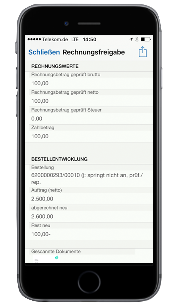 Digitales Formular zur Rechnungsfreigabe in der easysquare mobile App auf dem iPhone