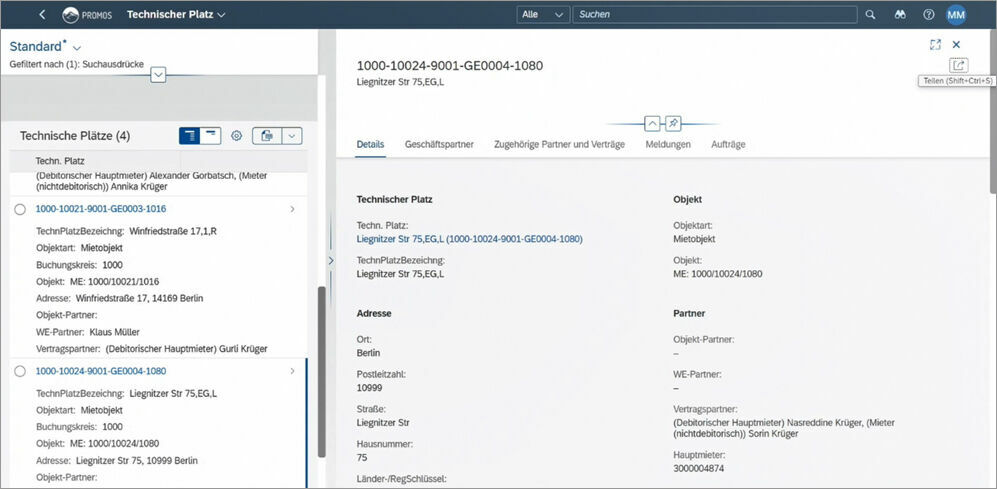 Abbildung 1: Splitscreens unterstützen den User an verschiedenen Stellen der Anwendung. Links: Ergebnisliste zur TP-Suche, rechts: Detailansicht zum ausgewählten Technischen Platz. Splitscreen in der neuen PROMOS Schadenserfassung im Fiori Launchpad