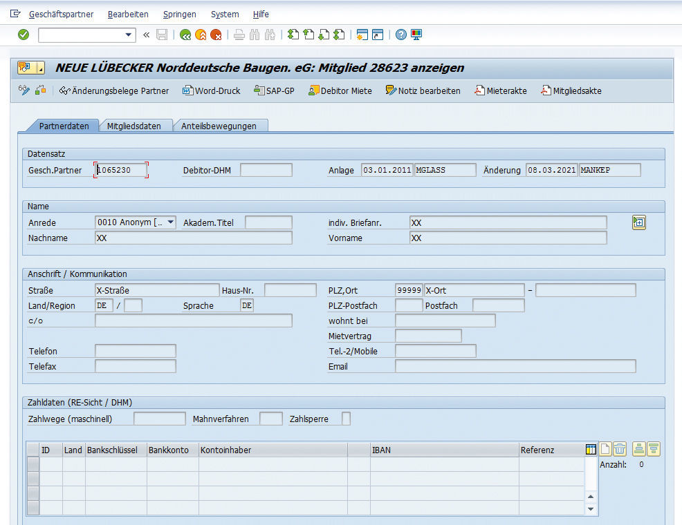 Abbildung 1: In der Registerkarte „Partnerdaten“ des Mitgliedermoduls ist zu erkennen, dass die nicht mehr benötigten, personenbezogenen Daten anonymisiert wurden. Anonymisierung personenbezogener Daten im Mitgliedermodul von NEUE LÜBECKER gemäß DSGVO