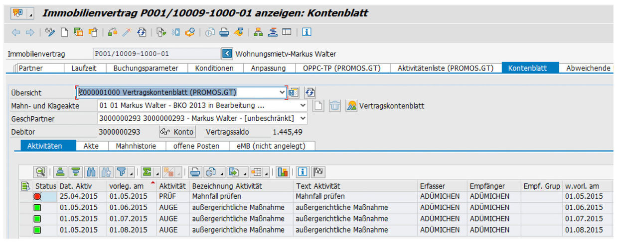 Sämtliche Vorgänge zu einem Mahn- und Klagefall werden in chronologischer Folge übersichtlich dargestellt  Chronologische Darstellung der Mahn- und Klagefälle in der PROMOS Mahn- und Klageakte