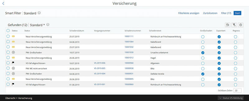 Überblick über alle aktuellen Schadensfälle im easysquare Versicherungsportal