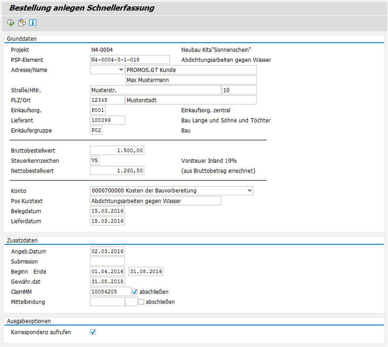 Einbildtransaktion der PROMOS Schnellerfassung Bauaufträge
