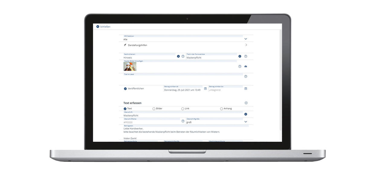 Abbildung 2: Mit der generischen Pinnwand können von nun an Pinnwandbeiträge komfortabel über ein Webportal administriert werden, beispielsweise um eine Maskenpflicht im easysquare Handwerkerportal anzukündigen. Generische Pinnwand administrieren in der Handwerker App