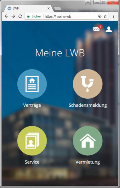 Abbildung 1: Nach der Registrierung stehen dem Mieter die diversen Dienste in der easysquare App übersichtlich zur Verfügung (hier WebApp). Übersicht der Dienste in der LWB Mieter-App powered by easysquare