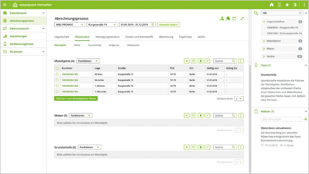 Abbildung 2: Abrechnungsrelevante Daten je Mietobjekt filtern und bearbeiten Abrechnungsrelevante Daten in EXAD 2.0