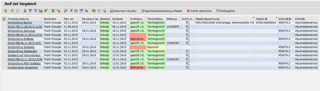 easysquare Verkehrssicherung: Soll-Ist Vergleich zum Prüfstatus mit Ampelfarben und Nachweisdokument in SAP®