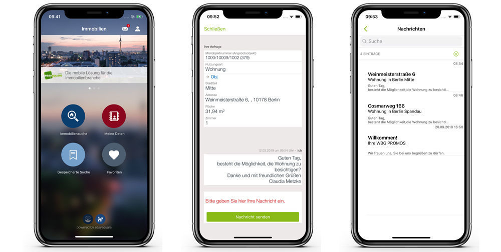 Immobiliensuche mit der easysquare Interessenten-App (1), Chat zwischen Interessent und Wohnungsunternehmen (2) sowie die Nachrichtenfunktion in der easysquare Interessenten-App (3).  easysquare Interessenten-App