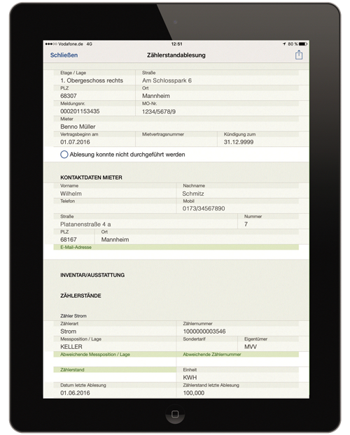 Abbildung 2: Prüfgänge mit Zählerstanderfassungen oder Kontrollen zu Heizungen, Fenstern, Wänden etc. können papierfrei mit dem Tablet oder Smartphone erledigt werden. Zählerstanderfassung in der easysquare mobile App