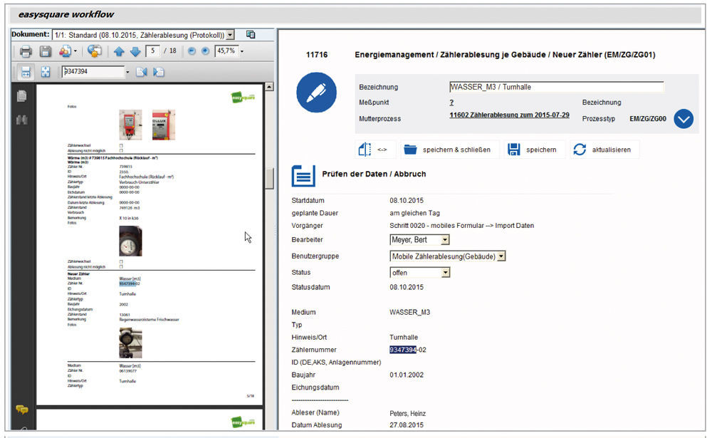 Darstellung des Split Screens zur Einsichtnahme mobiler Daten in easysquare workflow