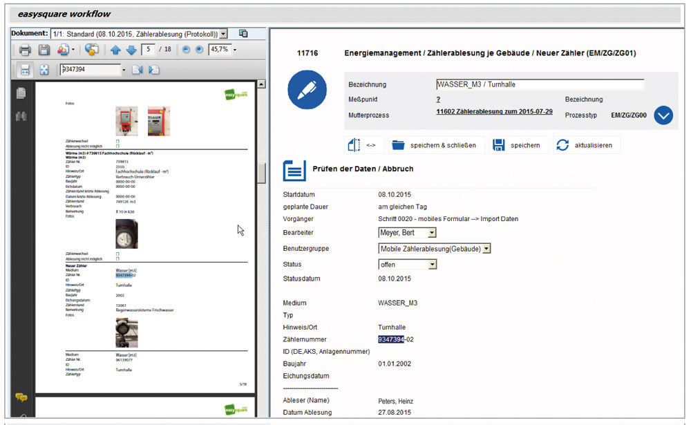 Abbildung 3: Im zentralen ERP-System liegen die mobil erfassten Daten – ohne manuelle Dateneingabe nach einer Begehung – fehlerfrei vor. Mittels Split Screen können die Daten zudem geprüft werden. Darstellung des Split Screens zur Einsichtnahme mobiler Daten in easysquare workflow