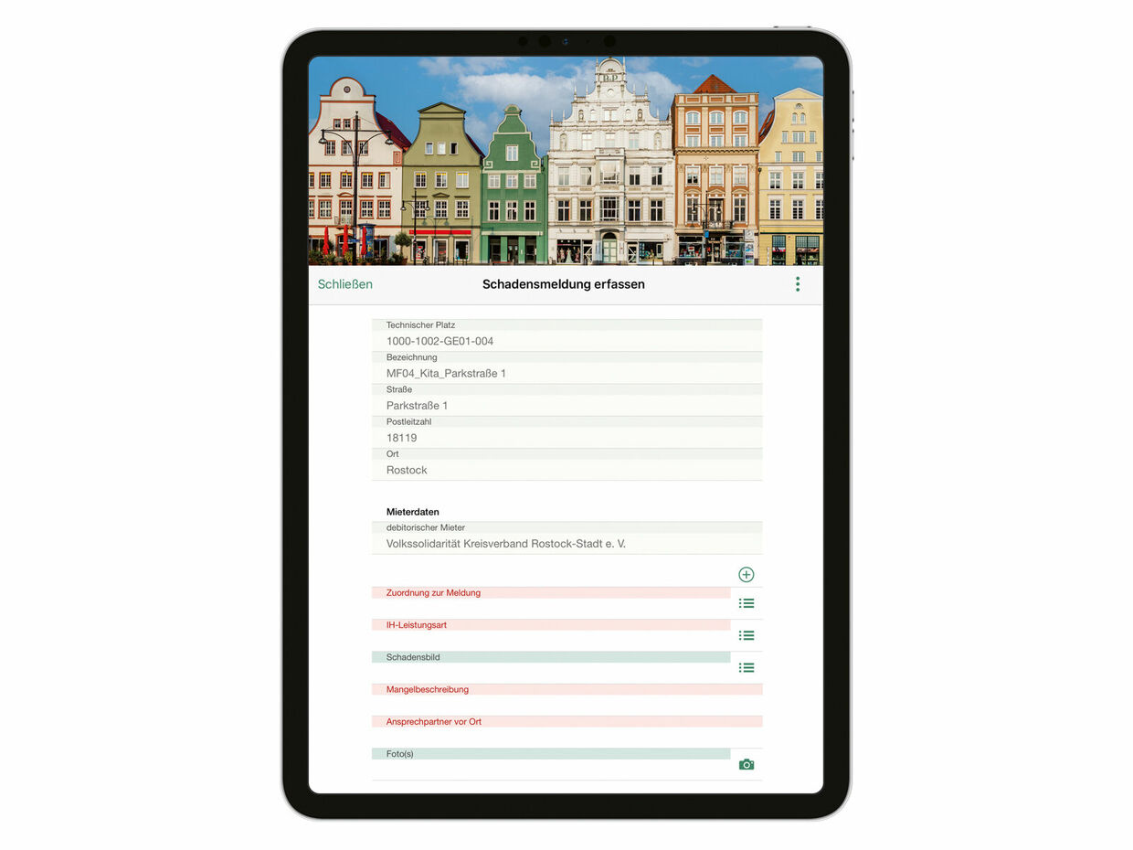 Abbildung 1: Sämtliche wichtigen Informationen werden digital in der Schadensmeldung erfasst. Digitale Schadensmeldung der KOE Rostock in der easysquare Professional App