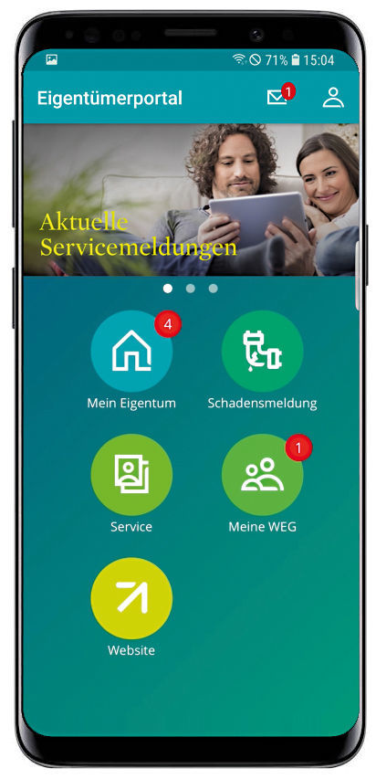 Abbildung 1: Unter „Meine WEG“ enthält die App wichtige Funktionen speziell für die Belange von Eigentümern. Vonovia Eigentümer-App powered by easysquare