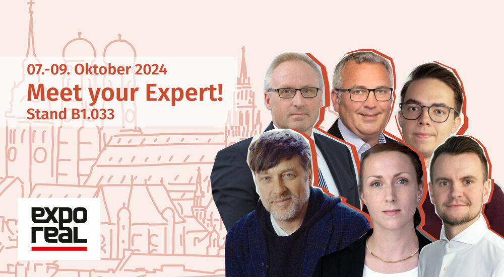 Unsere Expertinnen und Experten freuen sich auf Ihren Besuch: Volker Schulz (CIO), Frank Wyzujak (Senior Sales Manager), Milan Reen (Chief of Staff), Jens Kramer (CEO), Elena Wollscheid (Head of Consulting), Erik Walter (Head of Consulting)! (von links oben nach rechts unten) Unsere Expertinnen und Experten freuen sich, Sie auf der EXPO REAL zu treffen.