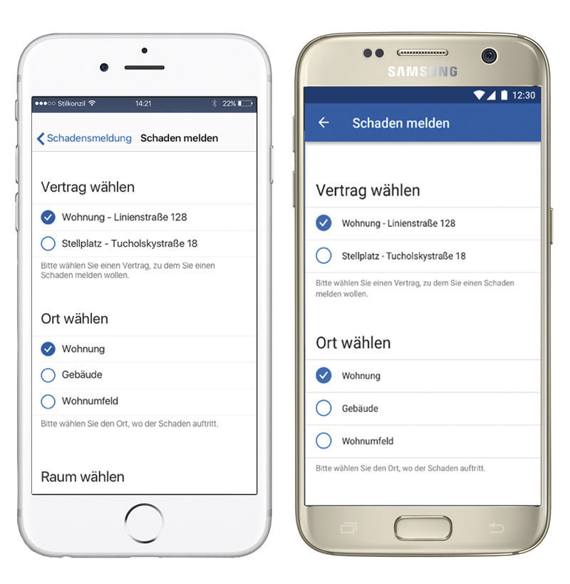 Abbildung 1: Es gibt keine inhaltlichen Unterschiede in beiden Apps. Die Formulare sind identisch aufgebaut. Vergleich der easysquare Kunden App zwischen iOS und Android