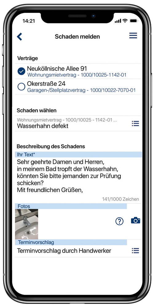 Schnell und direkt kann der Nutzer einen Schaden melden.