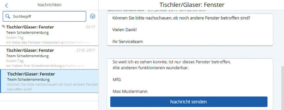 Abbildung 3: Kundenbetreuer und Mieter können über die praktische Nachrichtenfunktion zu offenen Schadens- und Servicemeldungen kommunizieren. Nachrichtenfunktion zu offenen Schadens- und Servicemeldungen in der easysquare Mieter-App