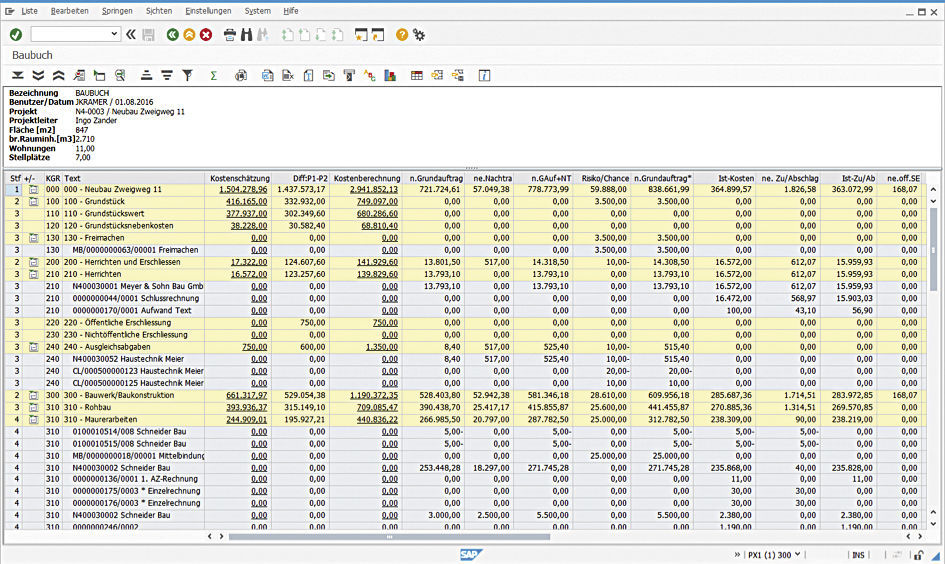 Abbildung 2: Eine übersichtliche ALV-Liste zeigt die vorab bestimmten Kriterien des Bauprojekts. Eine übersichtliche ALV-Liste zeigt die vorab bestimmten Kriterien des Bauprojekts im PROMOS Baubuch.