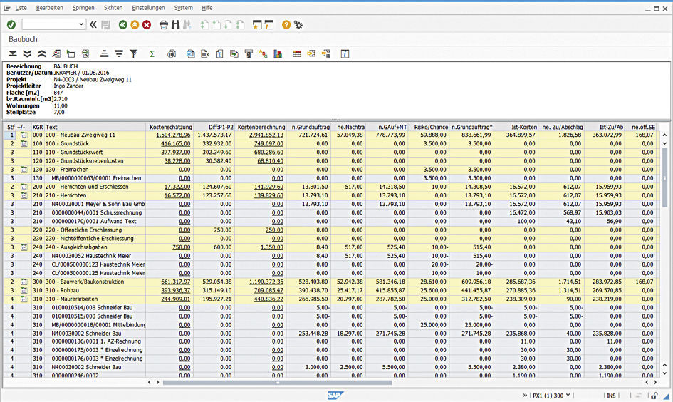 Eine übersichtliche ALV-Liste zeigt die vorab bestimmten Kriterien des Bauprojekts im PROMOS Baubuch.