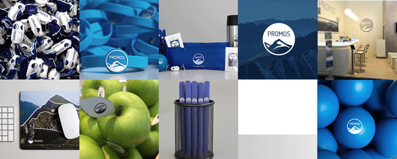 Ob Unternehmenswebseite, Messeauftritte, Broschüren, Online- und Presse-Portale, vom Bonbon bis zur Dachwerbung – das PROMOS Logo ist analog und digital auf allen Firmenkanälen vertreten.