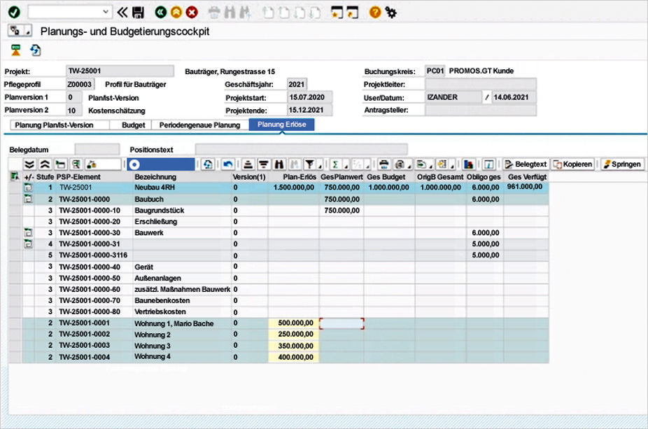 Erlösplanung von Bauprojekten mit PROMOS Budgetcockpit für SAP