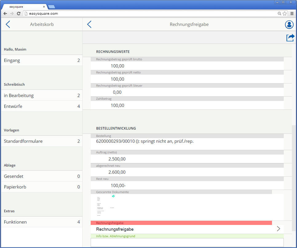 Rechnungsfreigabe in der easysquare mobile WebApp