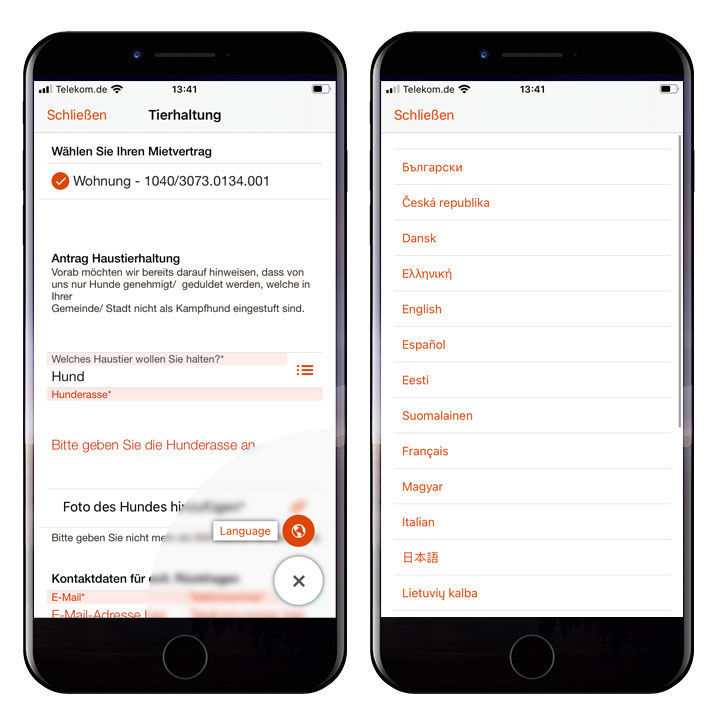 Im Formular kann der Anwender über den Button Language aus einer Vielzahl bereitgestellter Sprachen wählen In der easysquare Mieter-App stehen nun eine Vielzahl von Sprachen zur Übersetzung zur Verfügung.