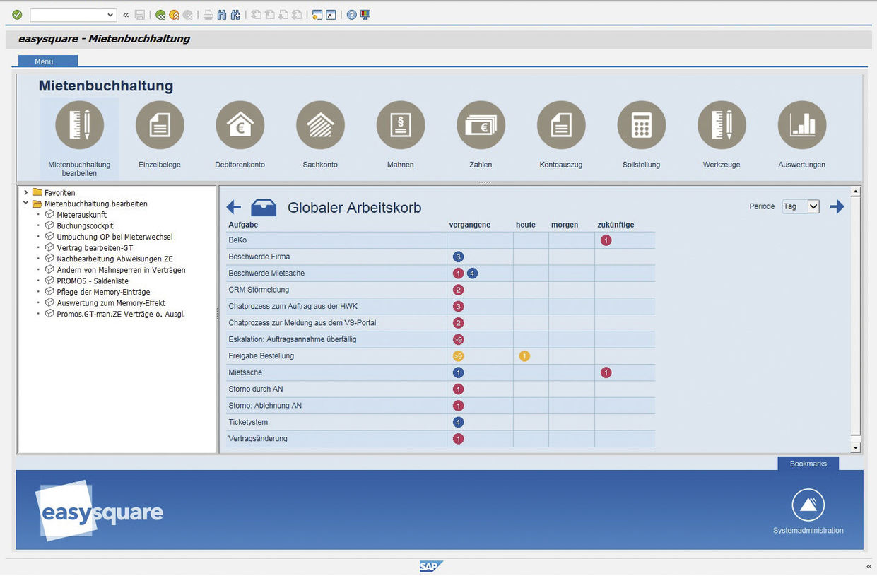Abbildung 1: Der globale Arbeitskorb enthält eine Gesamtauflistung sämtlicher anstehenden Aufgaben. Globaler Arbeitskorb zur Darstellung von Team- bzw. Gruppenaufgaben in easysquare workflow