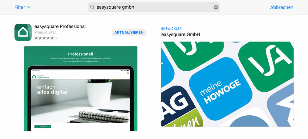 Unter dem Suchbegriff „easysquare GmbH“ finden Sie die aktuellste Version der easysquare Professional App im App Store. Die easysquare Professional App im AppStore.