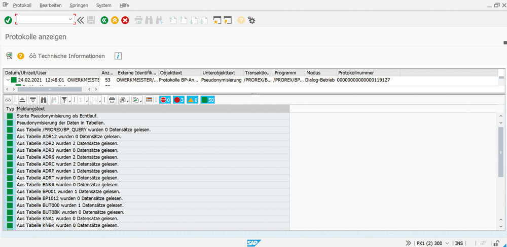 Abbildung 2: Ein Protokoll weist die Ergebnisse des Pseudonymisierungsprogramm aus. Protokoll über den Erfolg der Pseudonymisierung personenbezogener Daten in Testsystemen in der PROMOS Datenschutzlösung für SAP