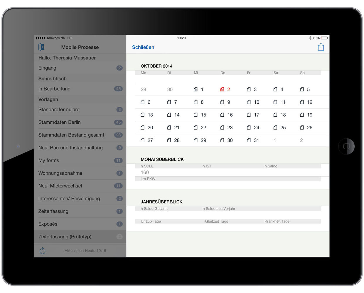 Kalendersicht zur Zeiterfassung: Der Mitarbeiter wird intuitiv durch die Anwendung geführt. Kalenderansicht zur mobilen Erfassung der Arbeits- und Reisezeiten mit easysquare