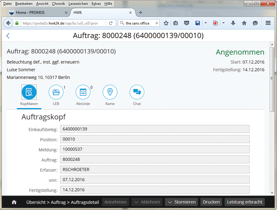 Abbildung 4: Am unteren Bildrand befinden sich eine Breadcrumb zur einfacheren Navigation und die möglichen Aktionsbefehle.  Ansicht des Auftragskopfs im easysquare Handwerkerportal