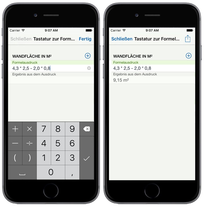 Formel-Keyboard und Ergebnis im Formular Formel-Keyboard in der neuen Version 1.6 von easysquare mobile