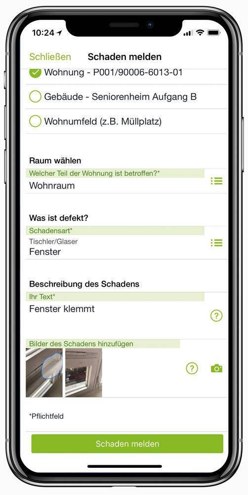 Abbildung 1: Schnell und direkt kann der Mieter mit dem Smartphone einen Schaden selbst melden.  Komfortable Schadensmeldungen in der Mieter-App von easysquare
