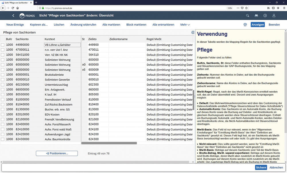Abbildung 2: Beim Mapping von Sachkonten, auf die mit unterschiedlichen Steuerschlüsseln gebucht wird, existieren für DATEV unterschiedliche Zielkonten. Am Rand der Anwendung erläutern Hinweistexte Funktionalitäten und Felder. Zielkonten für die unterschiedlichen Steuerschlüssel während des Mappings in der PROMOS DATEV-Schnittstelle