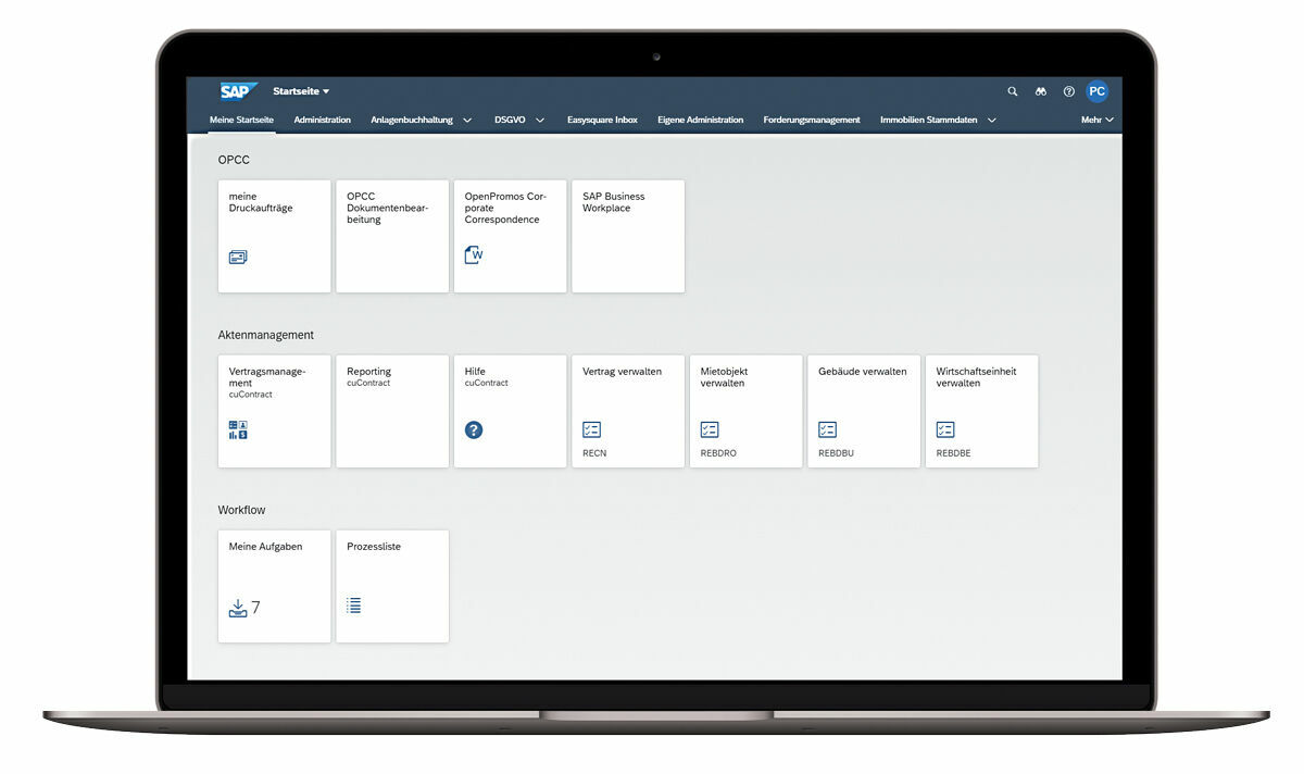 Abbildung 1: Auf der Startseite können User über das übersichtliche Kachelsystem schnell und jederzeit verschiedene Optionen aufrufen – von der Vertragsverwaltung über die Dokumentenbearbeitung bis zur Aufgabenverwaltung. Software Oberfläche des neuen ERP-Systems bei GWG Reutlingen