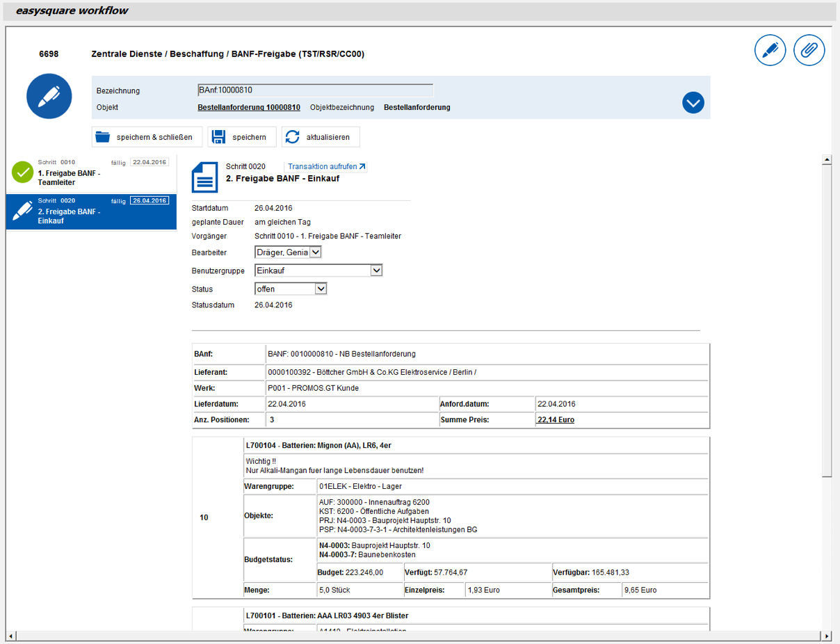 Bestellanforderung in easysquare workflow freigeben