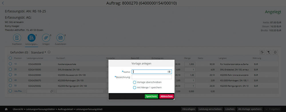 Abbildung 9: Vorlagen im Handwerkerportal anlegen / überschreiben.  Vorlagen im easysquare Handwerkerportal anlegen oder überschreiben