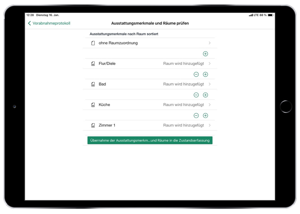 Die Erfassung von Ausstattungsmerkmalen war noch nie so einfach! Mit easysquare Professional lassen sich alle relevanten Details vor Ort während einer Begehung dokumentieren und nahtlos in Ihr ERP-System zurückschreiben. Mit der easysquare Professional App können Ausstattungsmerkmale und Räume geprüft und bearbeitet werden.