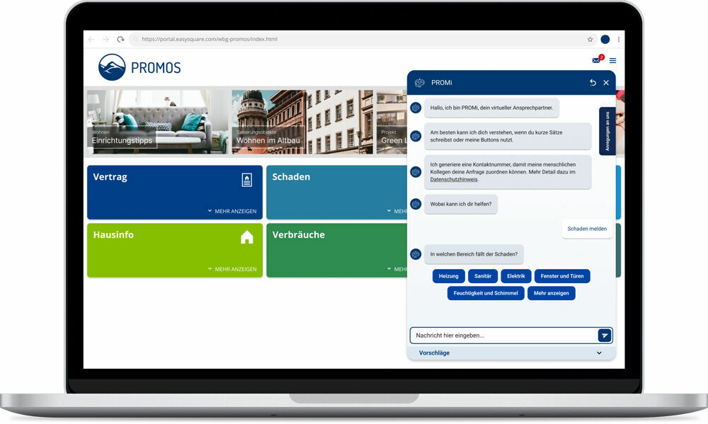 Personalisierter 24/7 Kundenservice für Mieter und Interessenten – Unser virtueller Assistent PROMi kennt die Antworten auf alle wichtigen Standardfragen, liefert Informationen zu Immobilienangeboten und vieles mehr...  Der neue virtuelle Assistent PROMi in den easysquare Apps für Mieter und Interessenten