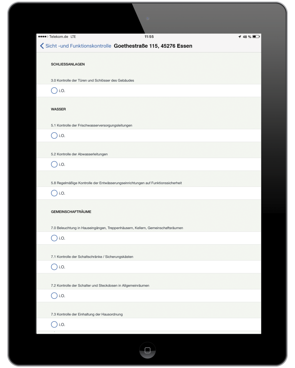 Digitales Formular einer Sicht- und Funktionskontrolle bei der Vonovia in der easysquare mobile App
