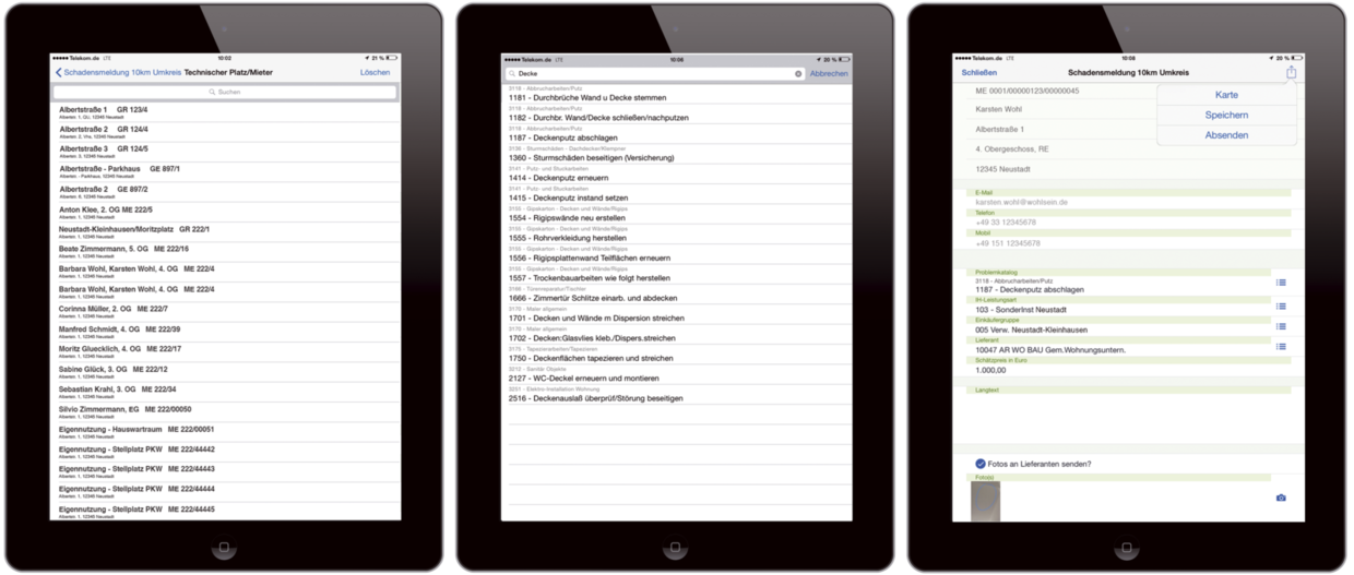Abbildung 1: iPad 1) Der Katalog zeigt automatisch alle Technischen Plätze im Umkreis von 10 km an. iPad 2) Hinterlegter Problemkatalog mit sämtlichen Ergebnissen zum Suchwort „Decken“. iPad 3) Ausgefülltes Formular zur Erhebung des Schadens, inkl. Kommunikationsdaten.  Digitale Formulare zur Durchführung der Leerwohnungssanierung mit der easysquare mobile App